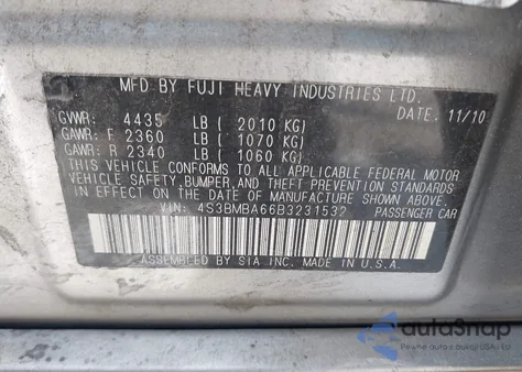 2011 Subaru Legacy 2.5I from USA, damaged, VIN 4S3BMBA66B3231532